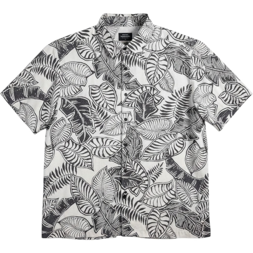 Quiksilver Waterman Camp Shirt Mens XL Grey White Tropical Leaf Pattern Aloha